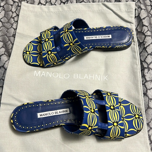 Manolo Blahnik Chus Blue Yellow Floral Sandals size 37 (6.5/7) - Picture 3 of 8